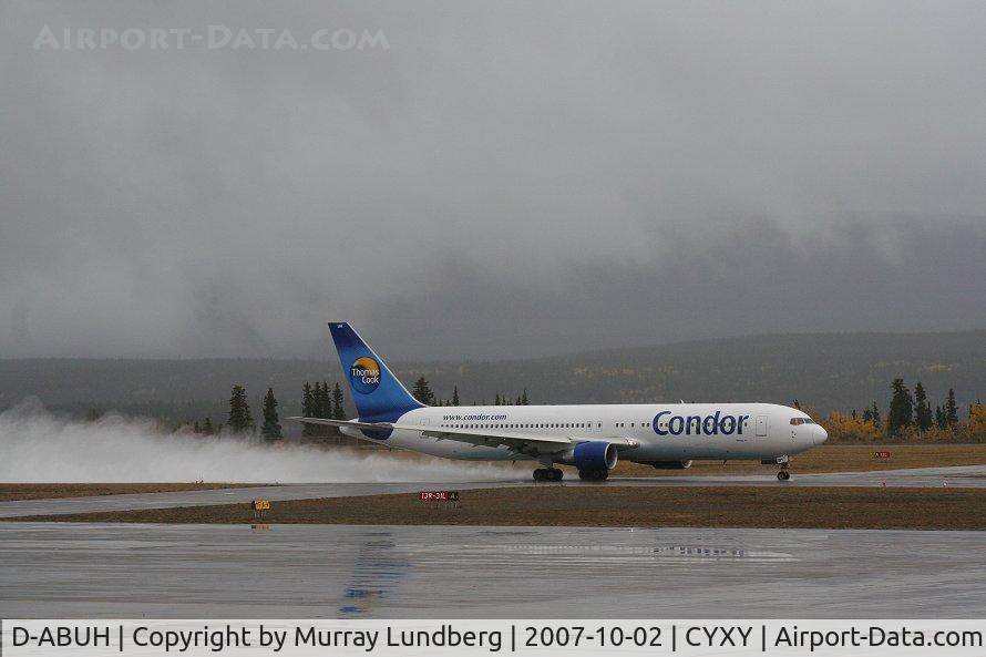 D-ABUH, 1994 Boeing 767-330/ER C/N 26986, Taking off for Fairbanks at 4 degrees C., following a lengthy de-icing.
