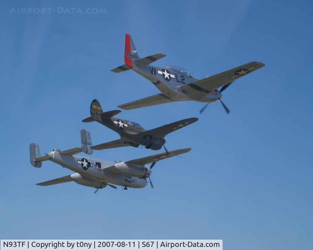 N93TF, 1944 North American TF-51D Mustang C/N 122-39381, A B-25, P-40, and a P-51 in formation at the Warhawk Air Museum's B-25 day event