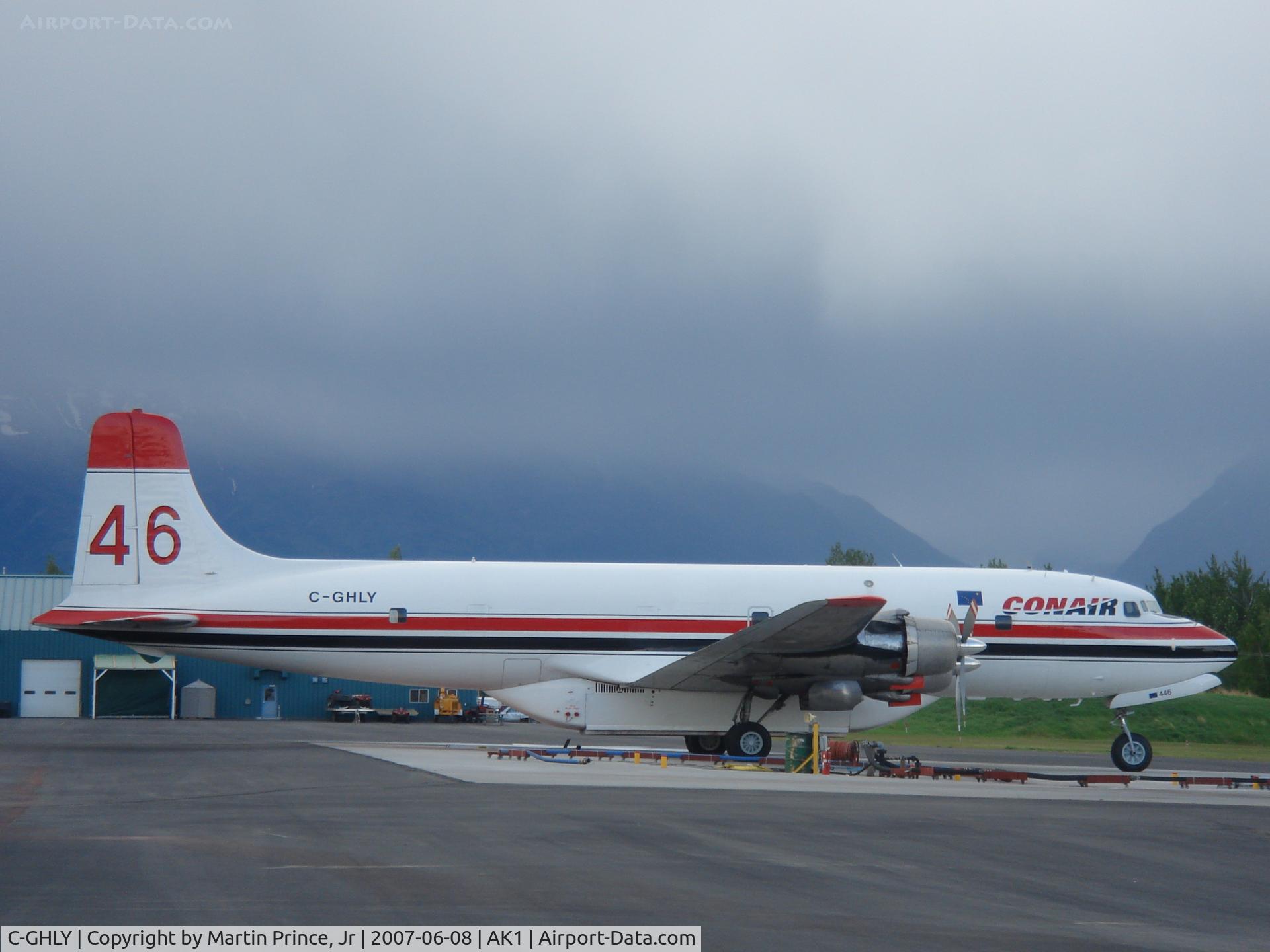 C-GHLY, 1958 Douglas DC-6B (C-118) C/N 45501, Conair DC-6B awaiting fires in Palmer, Alaska