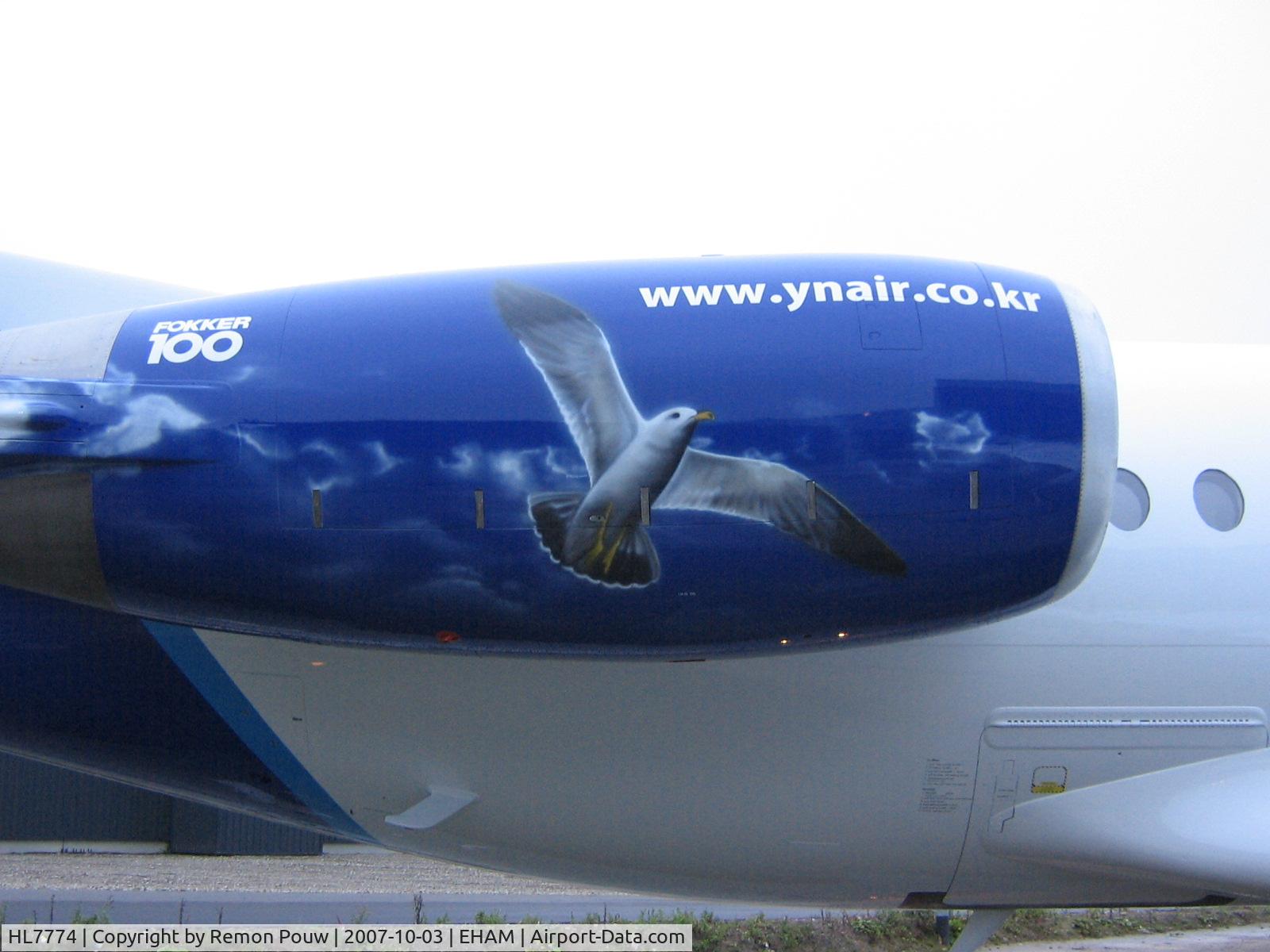 HL7774, 1990 Fokker 100 (F-28-0100) C/N 11293, Airbrush art on both engines of this aircraft