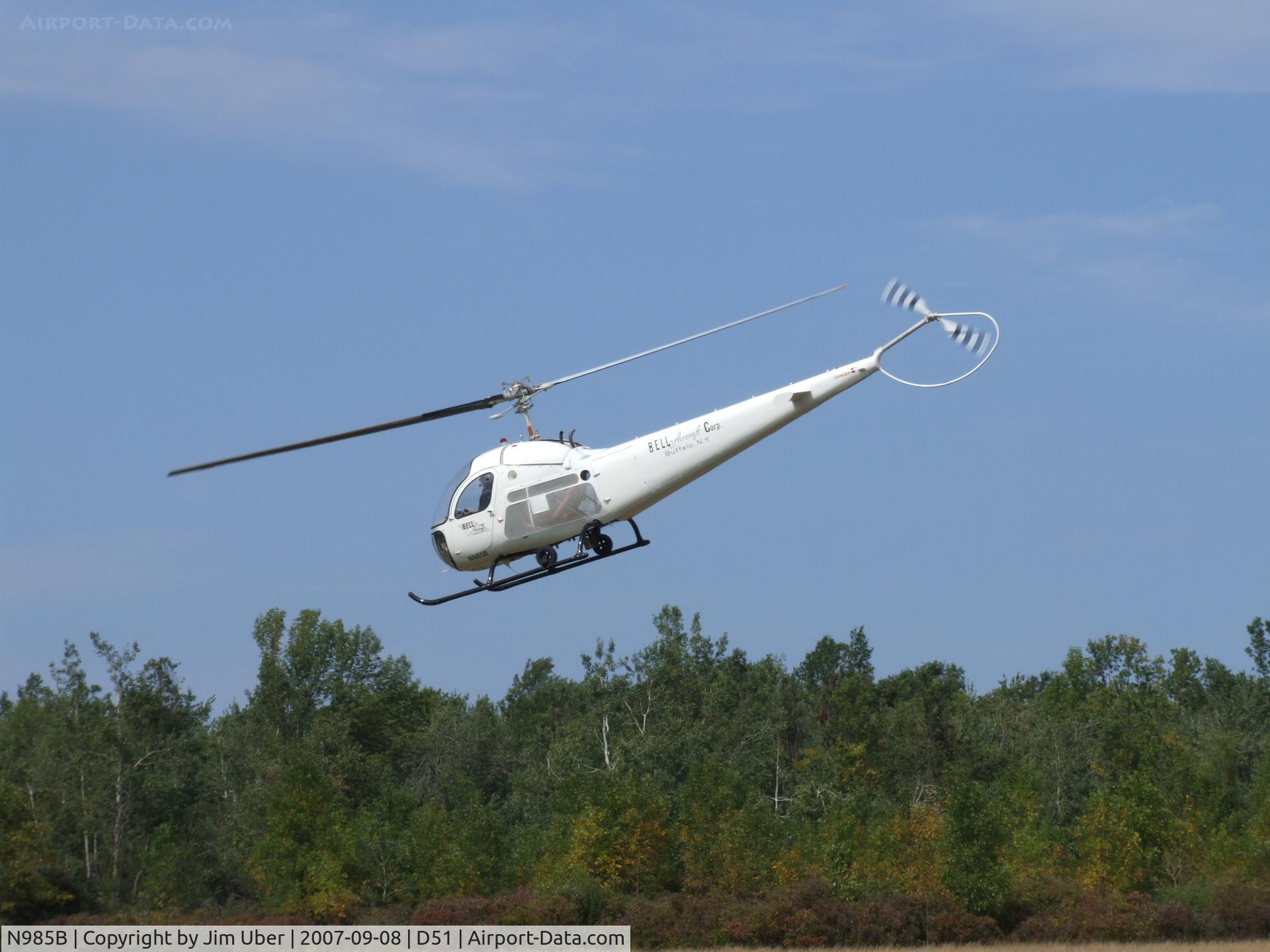 N985B, 1956 Bell 47H-1 C/N 1362, Departing Rwy 28 at Clarence