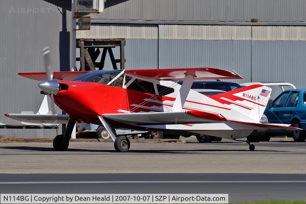 N114BG, 1987 Sorrell SNS-7 Hiperbipe C/N 216, 1987 William A Garrett SNS-7 taxiing to RWY 4 for departure.  Today we are using a reverse pattern due to strong Santa Ana Winds.
