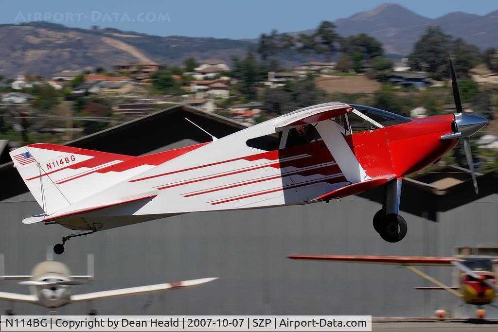 N114BG, 1987 Sorrell SNS-7 Hiperbipe C/N 216, 1987 William A Garrett SNS-7 climbing out from RWY 4. Today we are using a reverse pattern due to strong Santa Ana Winds.