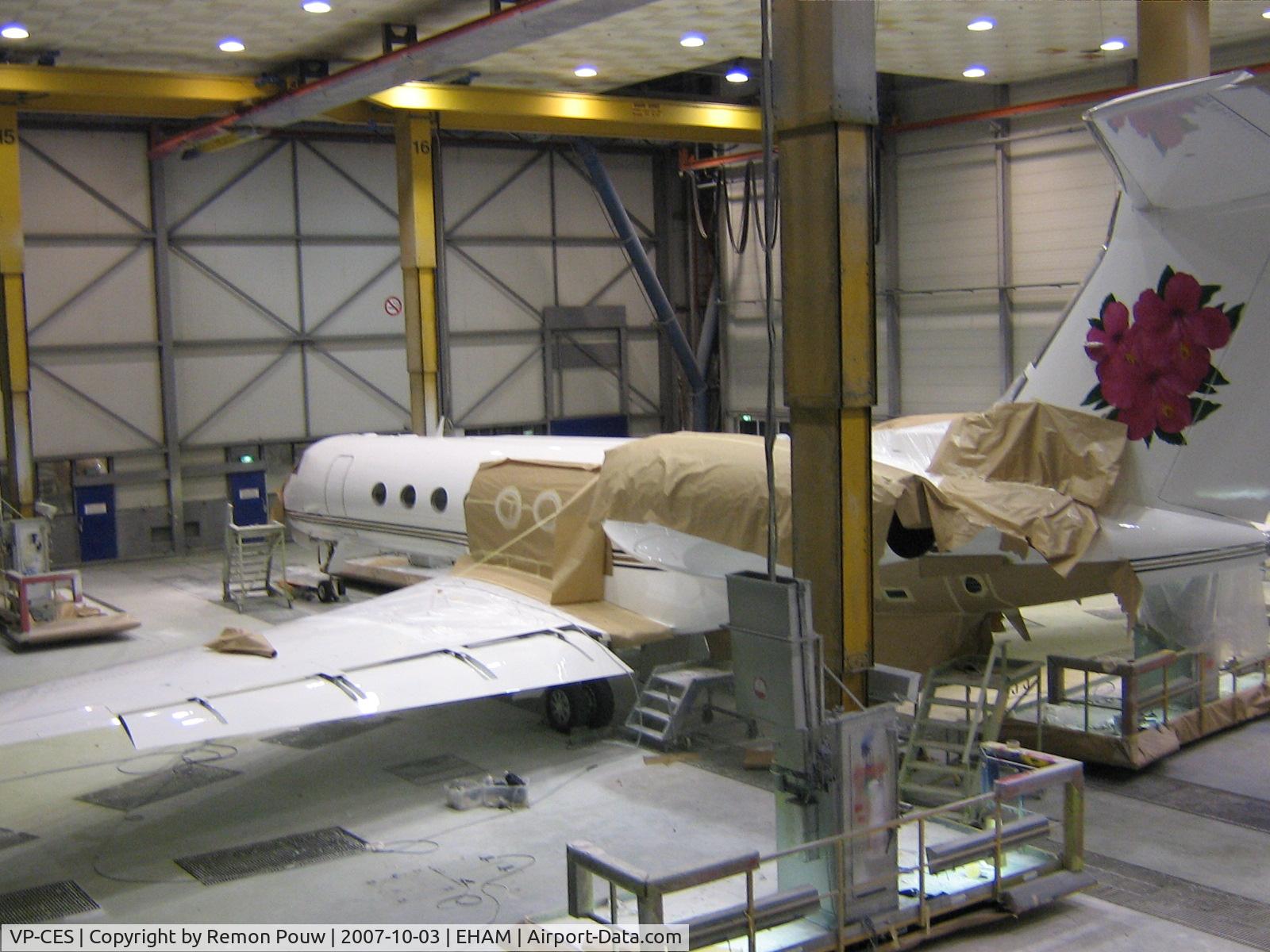 VP-CES, 2002 Gulfstream G-V C/N 669, VP-CES at the QAPS Paintshop at Schiphol
