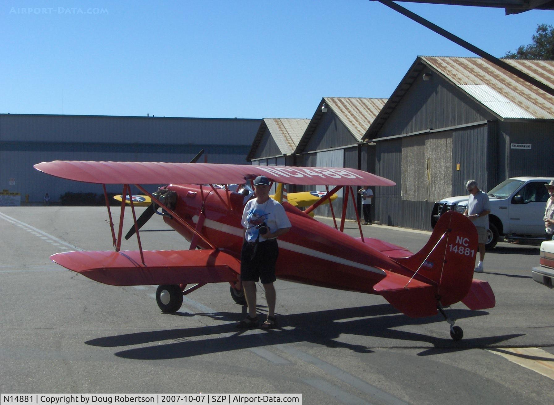 N14881, 1936 Rose Parrakeet A-1 C/N 105, 1936 Rose A-1 PARRAKEET as NC14881, Continental C85  85 Hp, restored very limited production aircraft and modified cowl and engine upgrade from original Continental A40 37 Hp, with U. K. visitor Ian B.