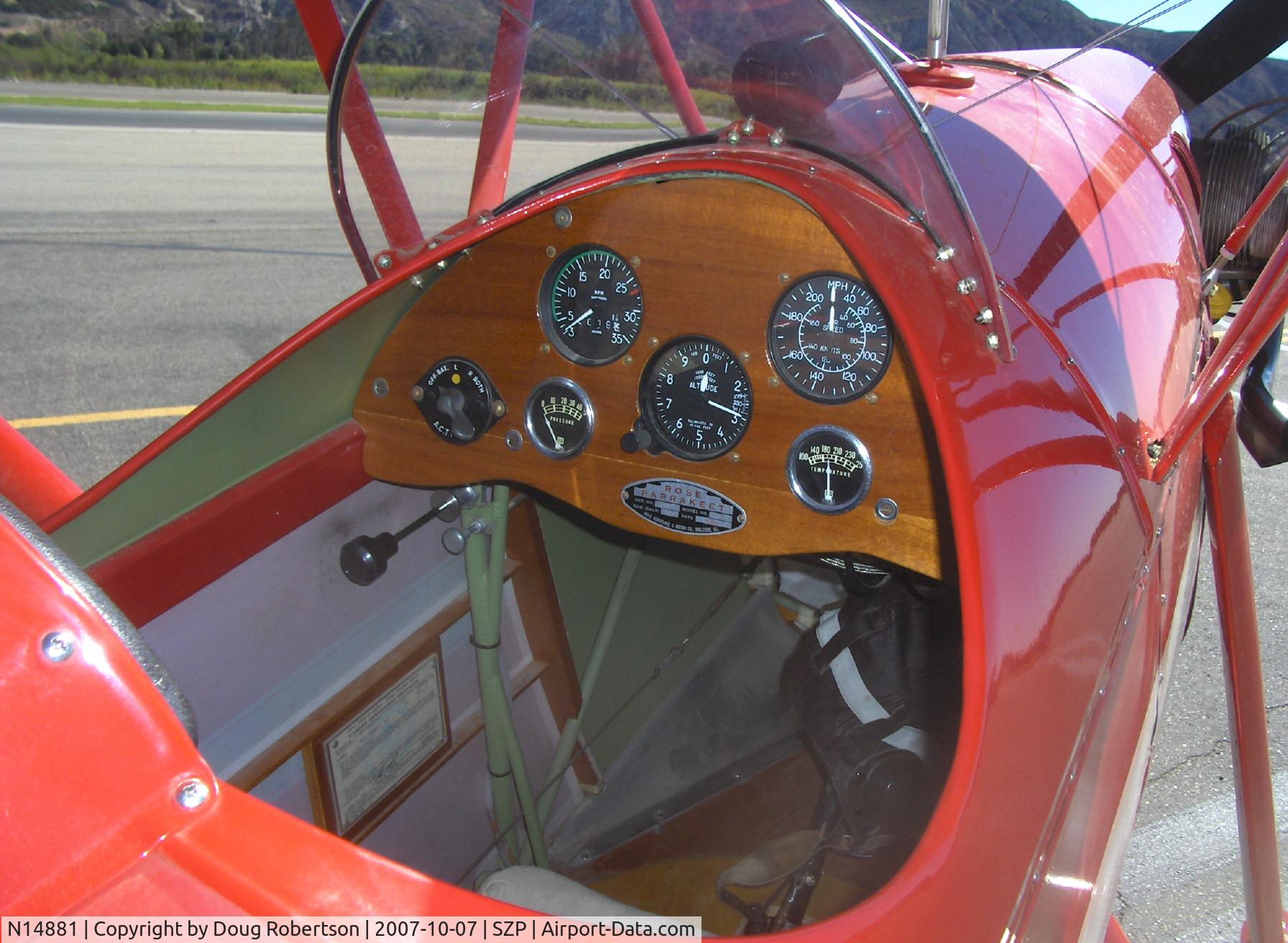 N14881, 1936 Rose Parrakeet A-1 C/N 105, 1936 Rose A-1 PARRAKEET as NC14881, Continental C85  85 Hp, restored very limited production aircraft and modified cowl and engine upgrade from original Continental A40 37 Hp, panel aircraft data plate shows correct-original spelling of Parrakeet.