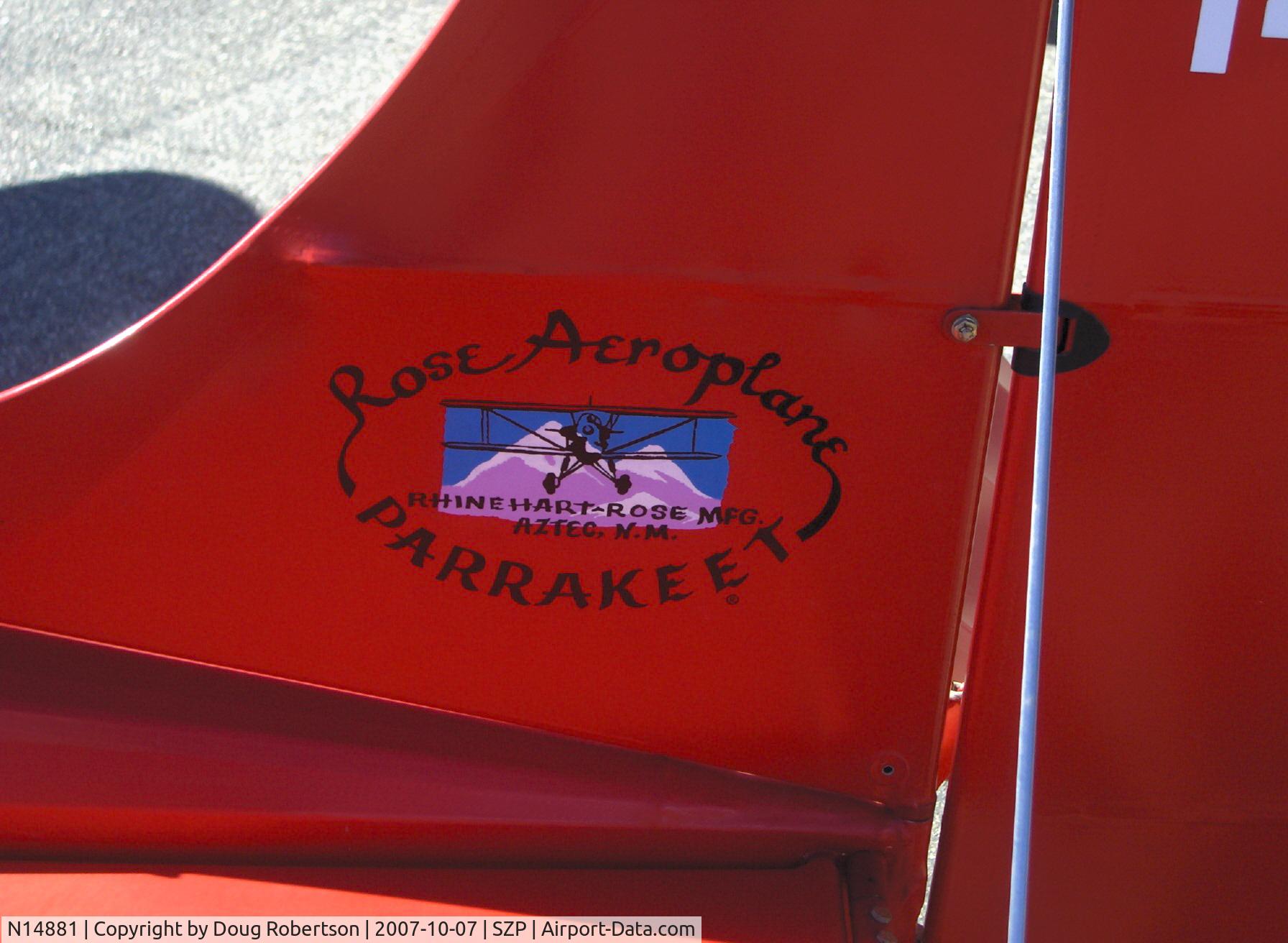 N14881, 1936 Rose Parrakeet A-1 C/N 105, 1936 Rose A-1 PARRAKEET as NC14881, Continental C85  85 Hp, restored very limited production aircraft and modified cowl & engine upgrade from original Continental A40 37 Hp, rebuild logo-Rhinehart once owned 6 of the 8 original production Parrakeets