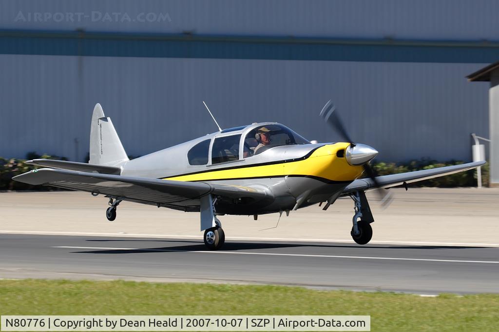 N80776, 1946 Globe GC-1B Swift C/N 179, Wheel landing for N80776 (1946 Globe GC-1B) on RWY 4, during tricky Santa Ana Wind conditions.