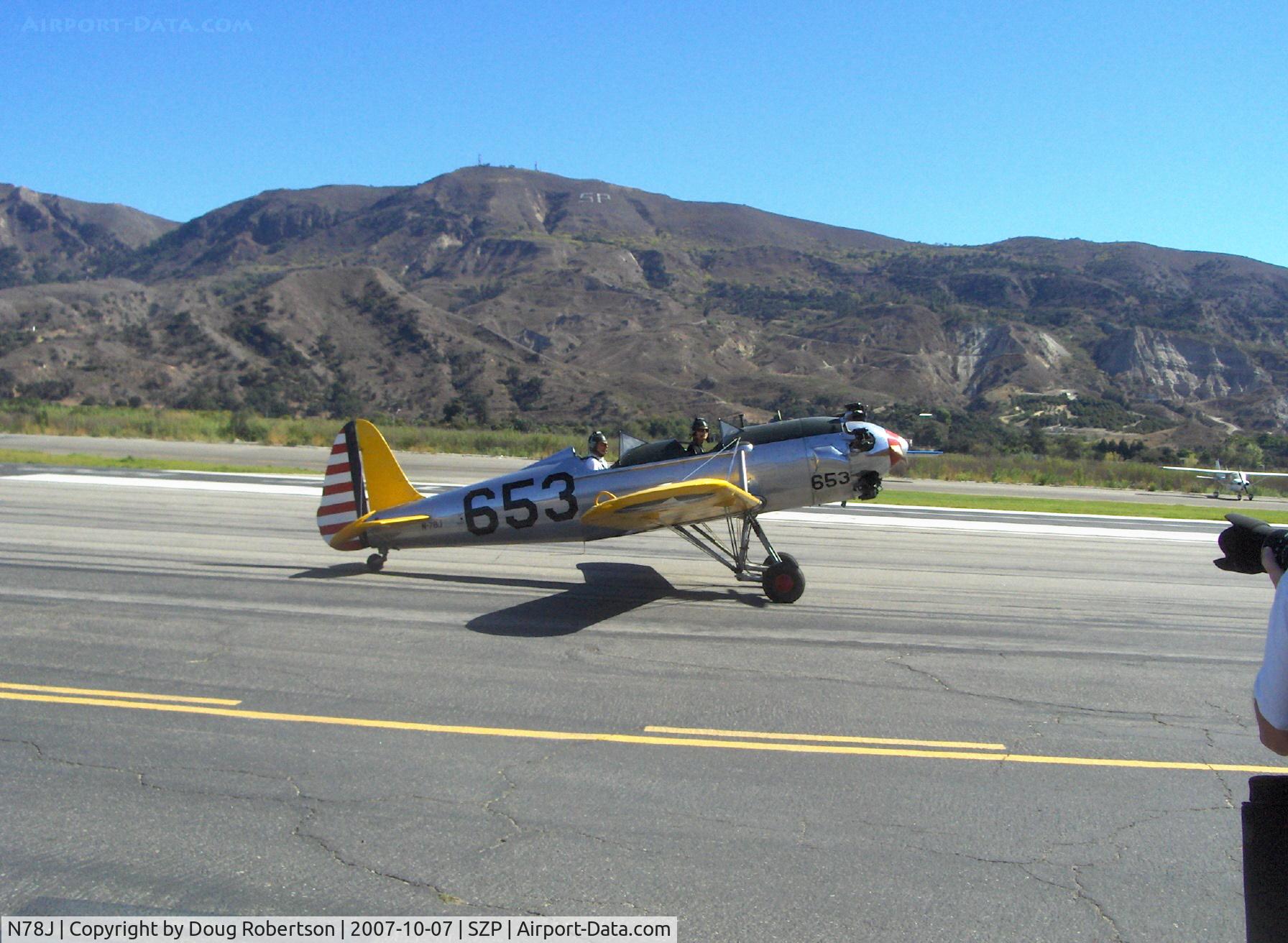 N78J, 1942 Ryan Aeronautical ST3KR C/N 1682, 1942 Ryan ST-3KR as PT-22, Kinner R-5 160 Hp radial, taxi after landing Rwy 04