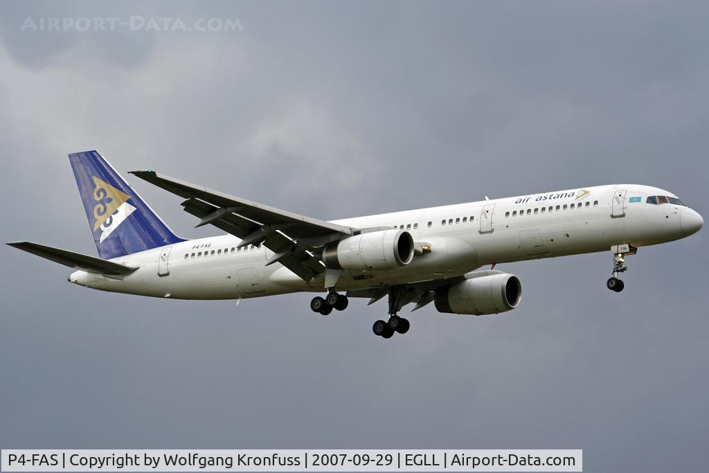 P4-FAS, 1998 Boeing 757-2G5 C/N 29489, Air Astana arriving @ LHR