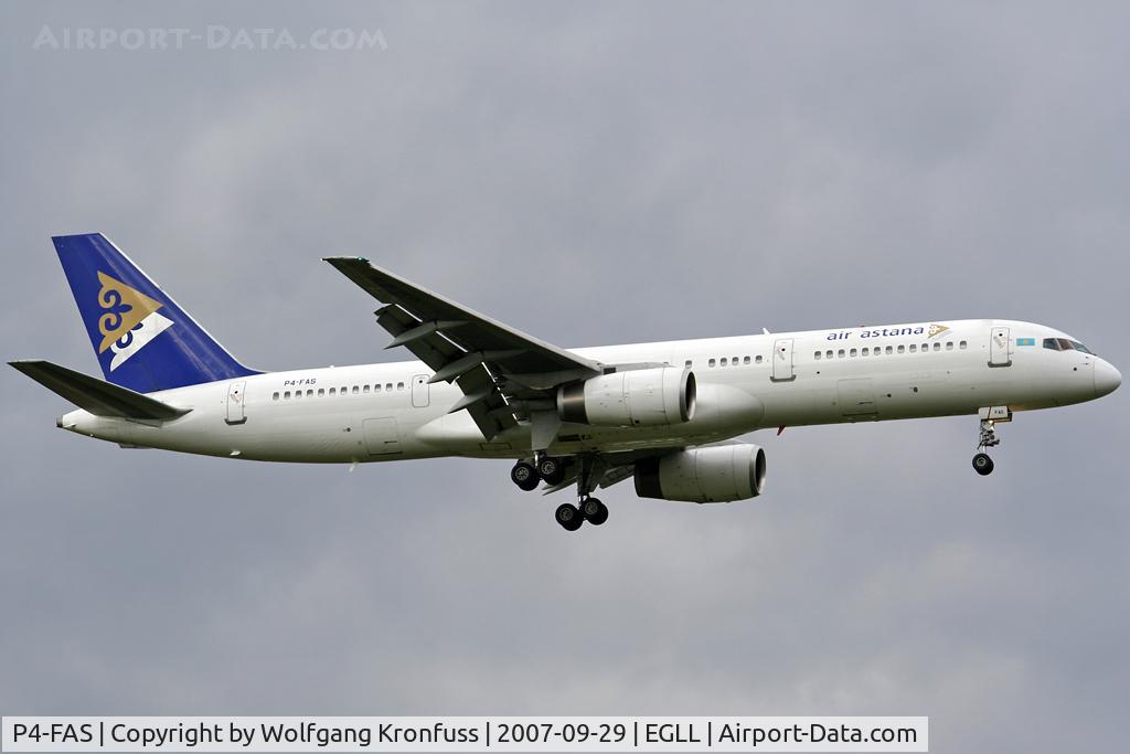 P4-FAS, 1998 Boeing 757-2G5 C/N 29489, Air Astana arriving @ LHR