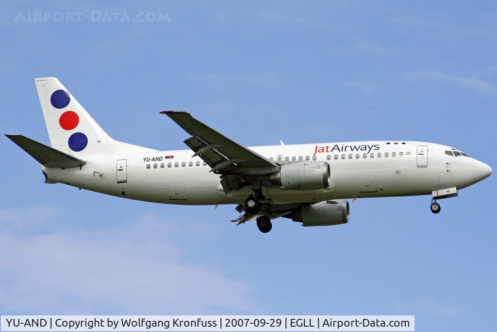 YU-AND, 1985 Boeing 737-3H9 C/N 23329/1134, on final RWY09L