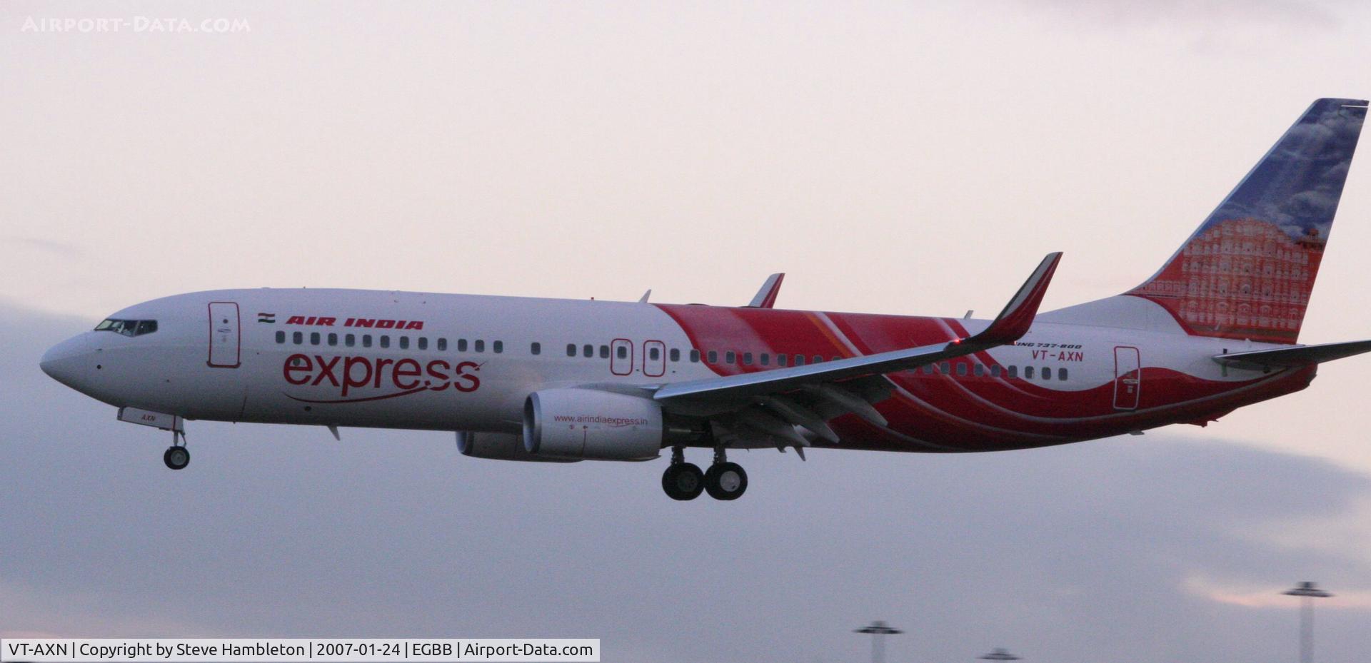 VT-AXN, 2007 Boeing 737-8HJ C/N 36327, On its delivery flight to warmer climes VT-AXN lands on a cold January morning at Birmingham UK