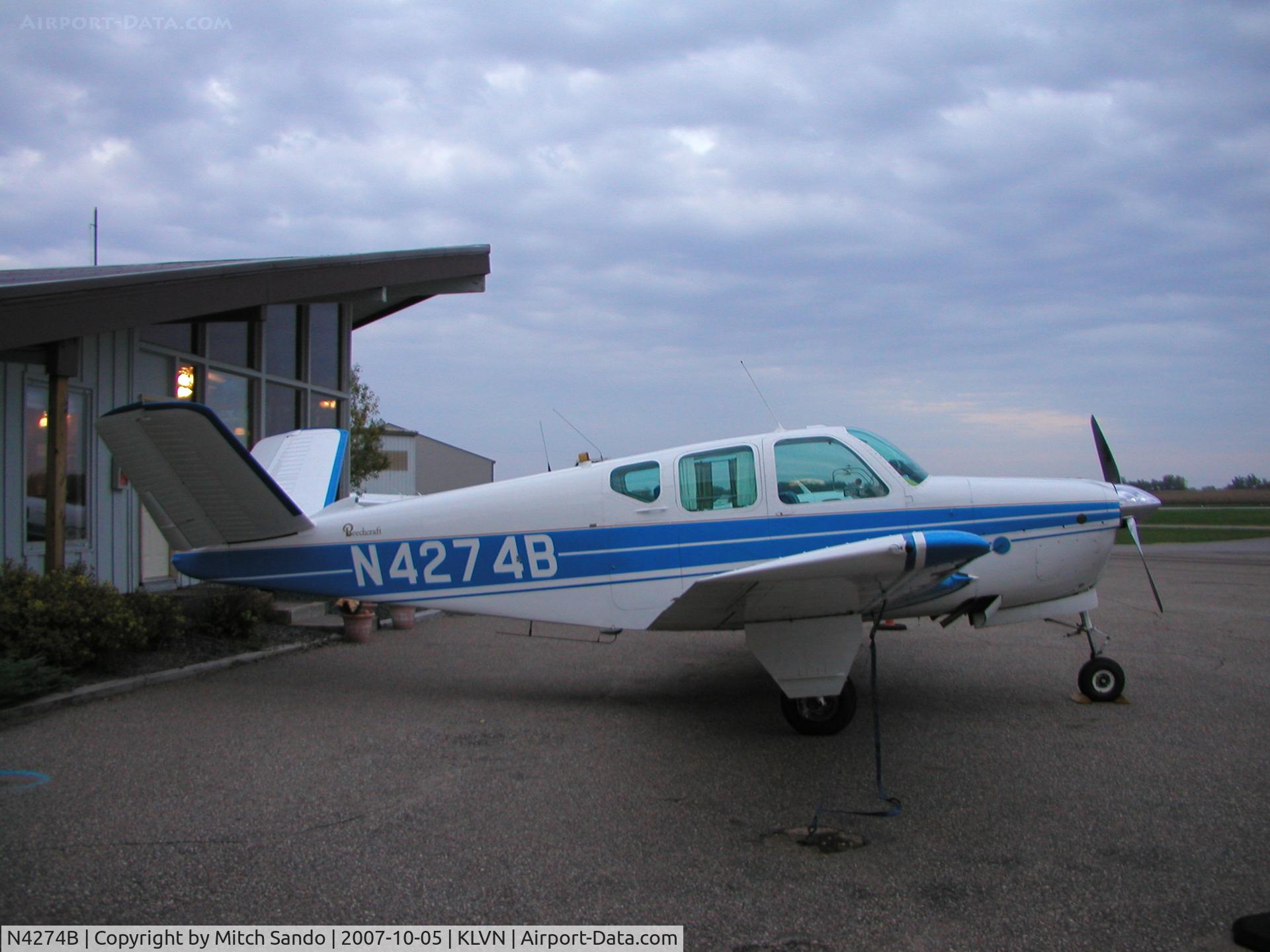 N4274B, 1955 Beech F35 Bonanza C/N D-4341, Parked on the ramp after a flight from Grand Forks, ND (GFK).