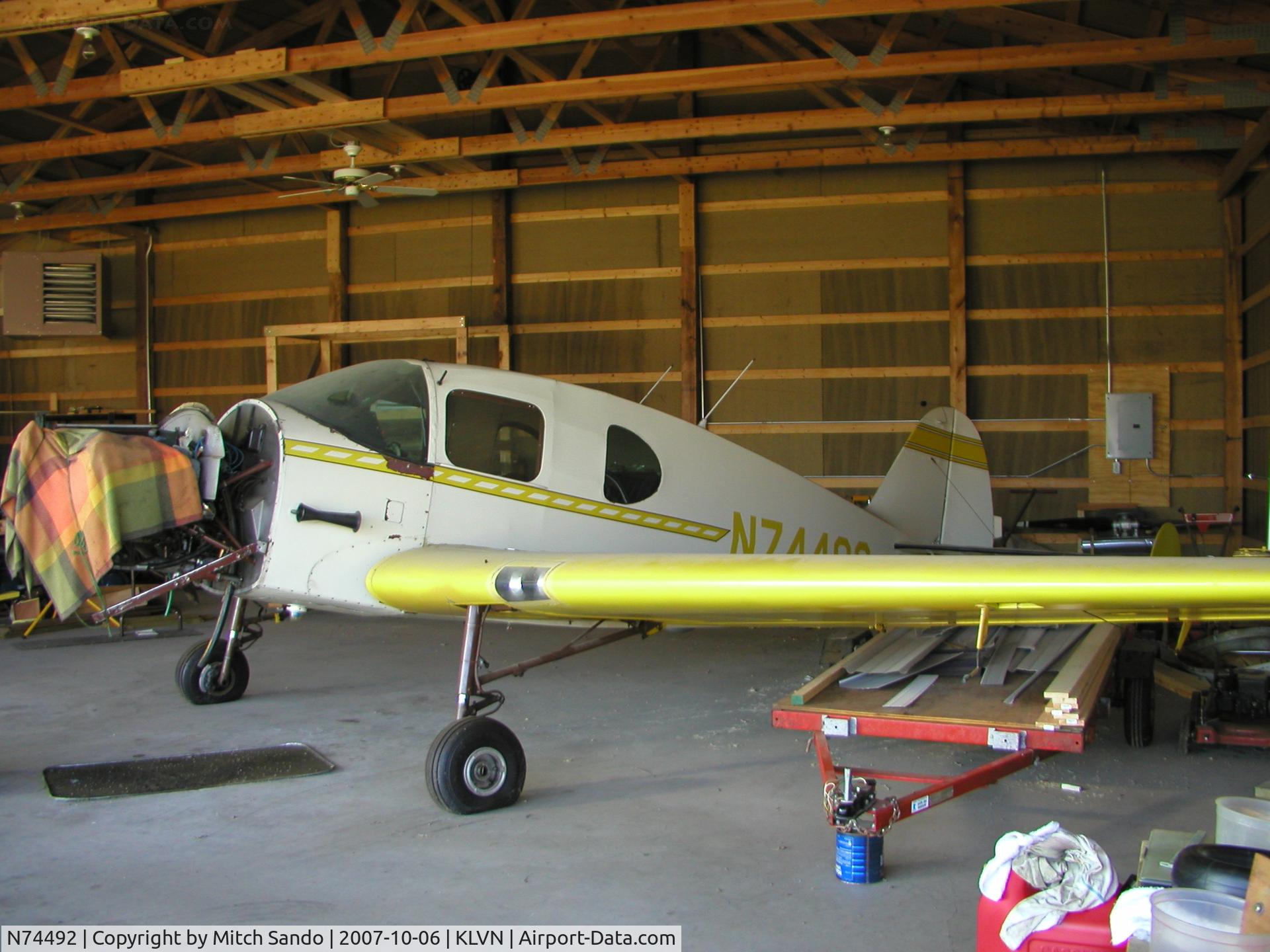 N74492, 1948 Bellanca 14-13-3 Cruisair Senior C/N 1605, Parked inside the hangar.