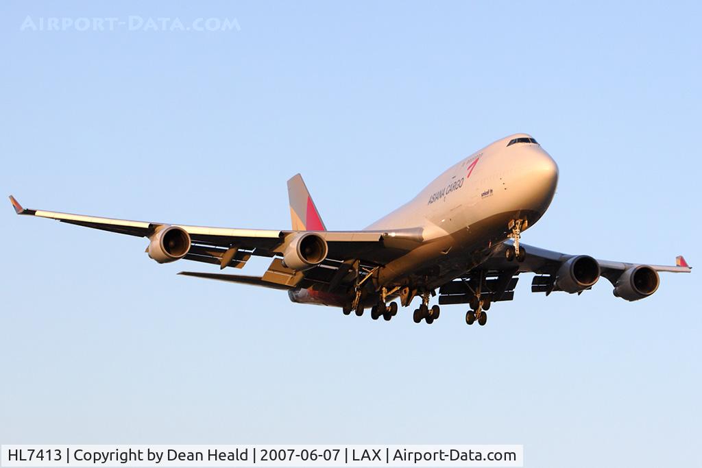 HL7413, 1991 Boeing 747-48ESF C/N 25405, Asiana Cargo HL7413 in new colors on approach to RWY 24R.