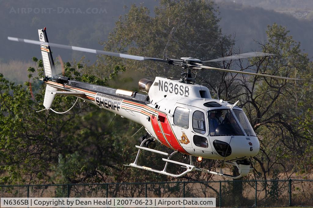 N636SB, 2006 Eurocopter AS-350B-3 Ecureuil Ecureuil C/N 4064, San Bernardino County Sheriff helo arriving at Hansen Dam Park.