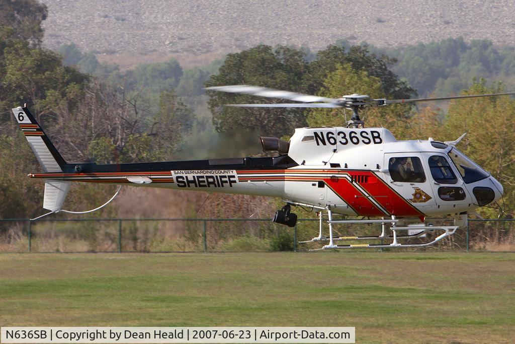 N636SB, 2006 Eurocopter AS-350B-3 Ecureuil Ecureuil C/N 4064, San Bernardino County Sheriff helo arriving at Hansen Dam Park.