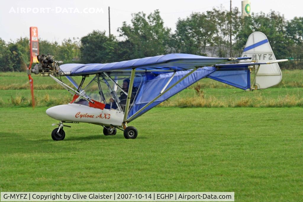 G-MYFZ, 1992 Cyclone Airsports AX3/503 C/N C 2083048, Originally owned to and a trustee of, G-MYFZ Flying Group in October 1992 and currently with a trustee of, Buzzard Flying Group in July 1996. De-registered and permanently withdrawn from use by the CAA in June 2009.