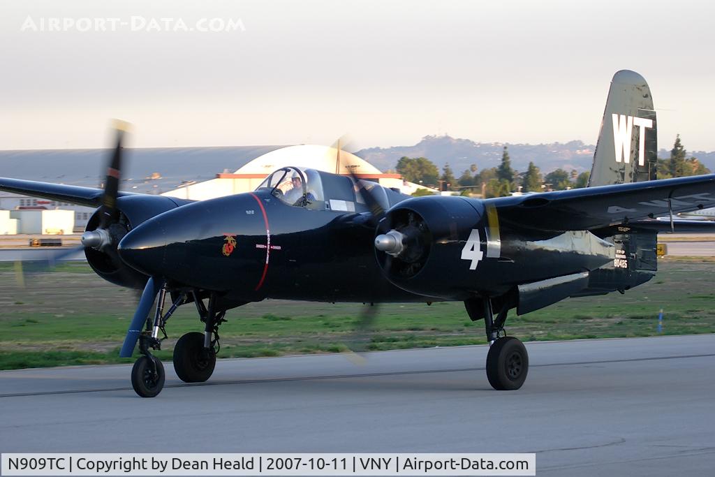 N909TC, 1945 Grumman F7F-3P Tigercat C/N 80425, Grumman F7F-3P Tigercat NX909TC taxiing to RWY 16R after making a full stop landing during a pattern work session.