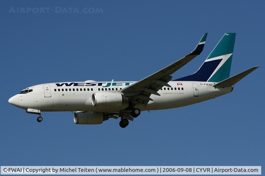 C-FWAI, 2002 Boeing 737-7CT C/N 33656, Late afternoon flight  from Westjet landing at YVR