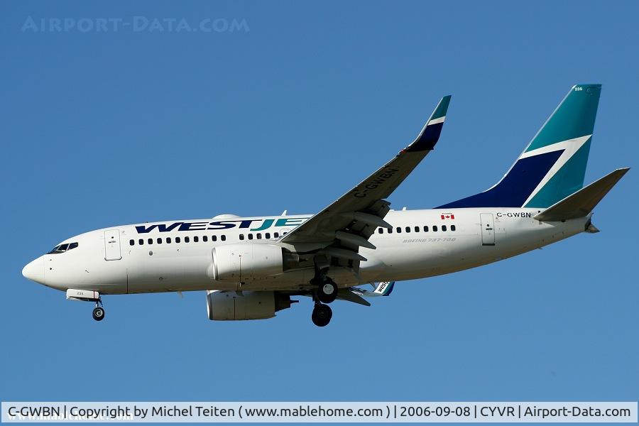 C-GWBN, 2005 Boeing 737-7CT C/N 34155, Westjet landing at YVR