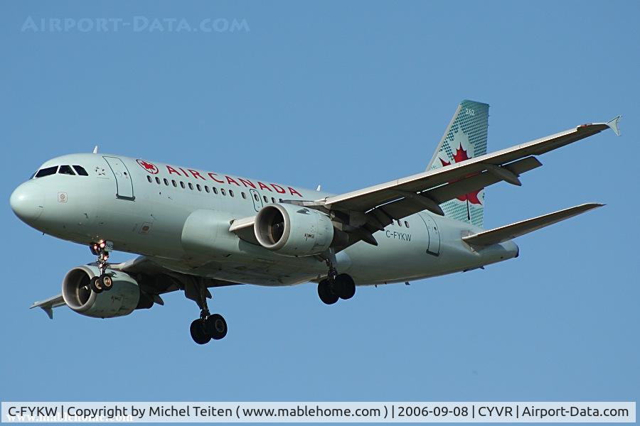 C-FYKW, 1997 Airbus A319-114 C/N 695, Air Canada landing at YVR