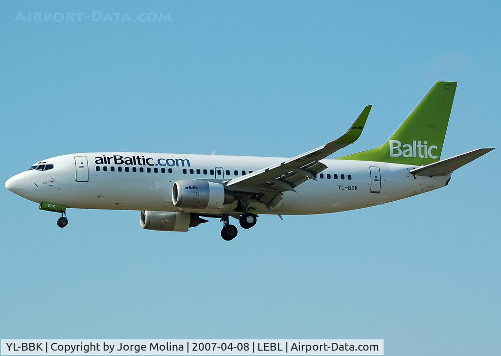 YL-BBK, 1998 Boeing 737-33V C/N 29332, Air Baltic on final to RWY 25R.