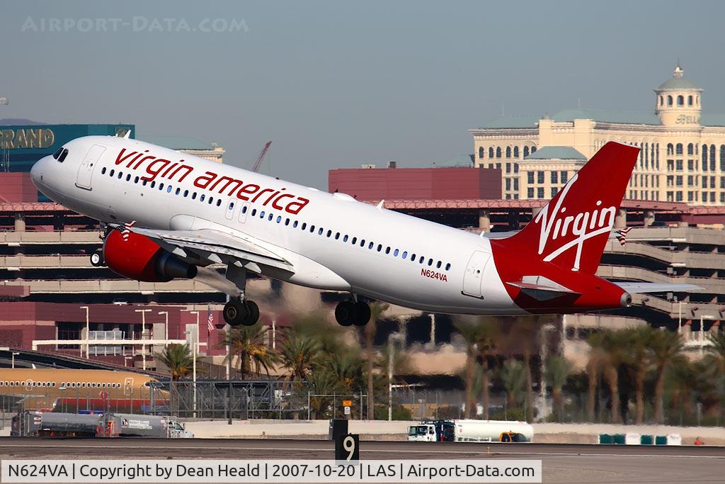 N624VA, 2006 Airbus A320-214 C/N 2778, Virgin America N624VA (FLT VRD774) climbing out from RWY 25R enroute to San Francisco Int'l (KSFO).