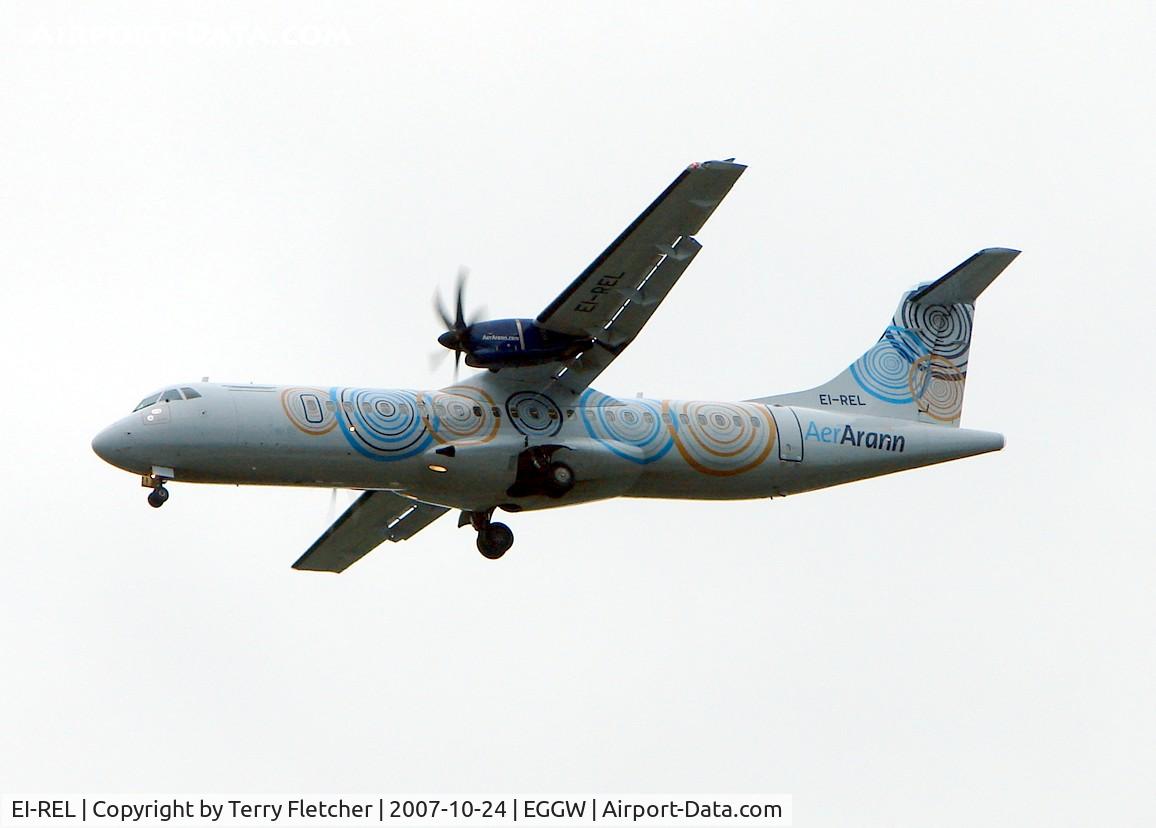 EI-REL, 2007 ATR 72-212A C/N 748, The colouful new Aer Arran scheme against a grey Luton sky
