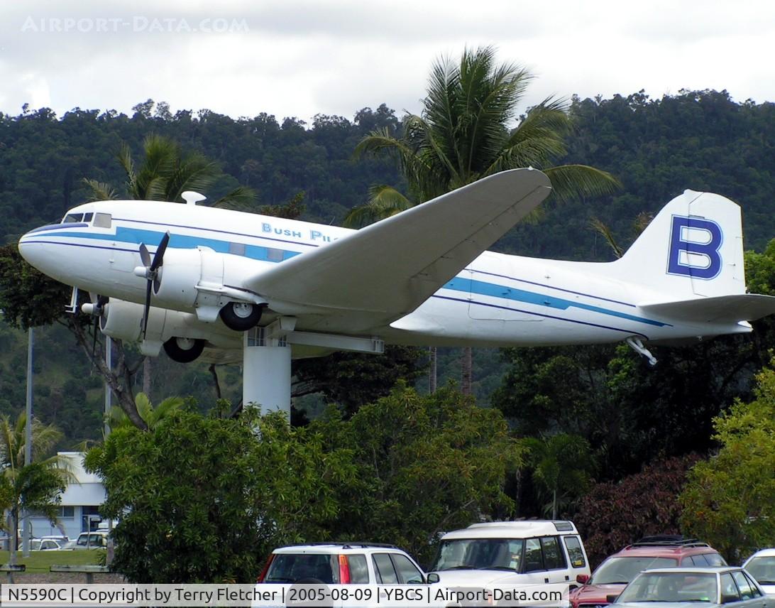 N5590C, 1942 Douglas C-47A-1-DK (DC-3A) C/N 12187, unmarked Douglas DC3 on a pole at centre of Cairns Airport