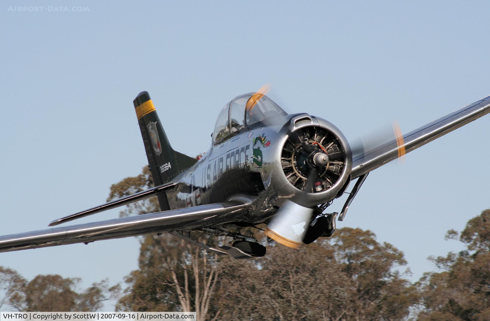 VH-TRO, 1952 North American T-28D-5 Trojan C/N 174-260, right place right time. What you don't see are the birds the pilot is trying to avoid