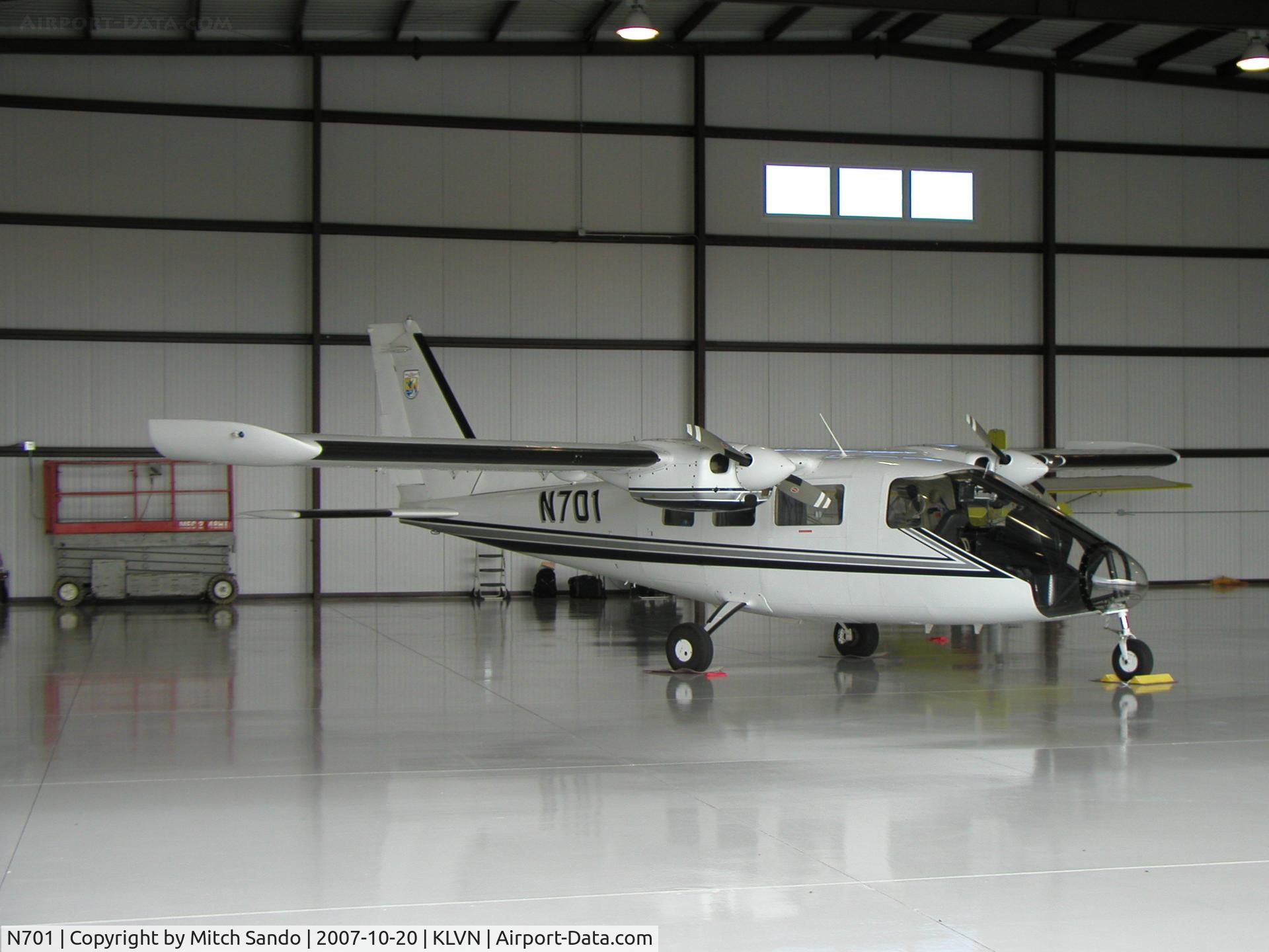 N701, 1990 Partenavia P-68 Observer 2 C/N 390-03-0B2, Parked inside the new Aircraft Resource Center Hangar.