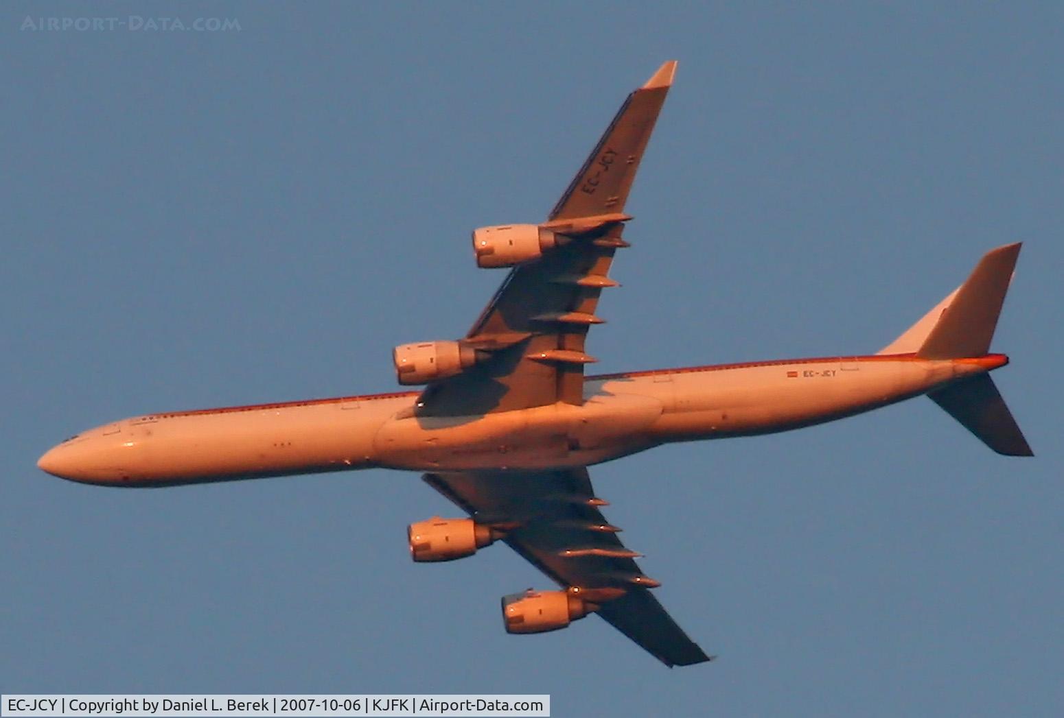 EC-JCY, 2005 Airbus A340-642 C/N 617, Elegant Iberia A340-600 coasts in over Sandy Hook on an autumn evening.
