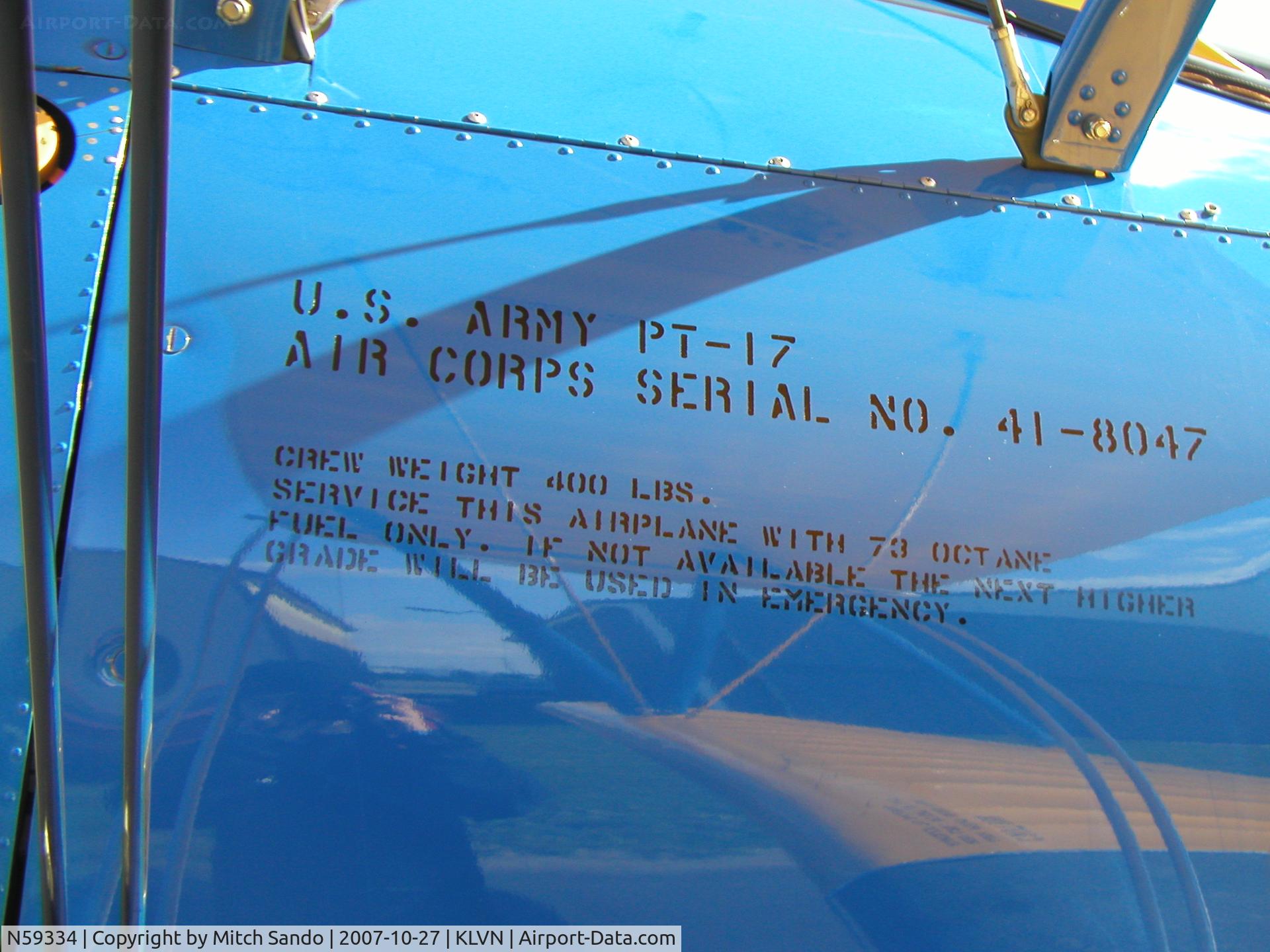 N59334, 1941 Boeing A75N1 (PT-17) C/N 75-1606, Parked at Airlake.