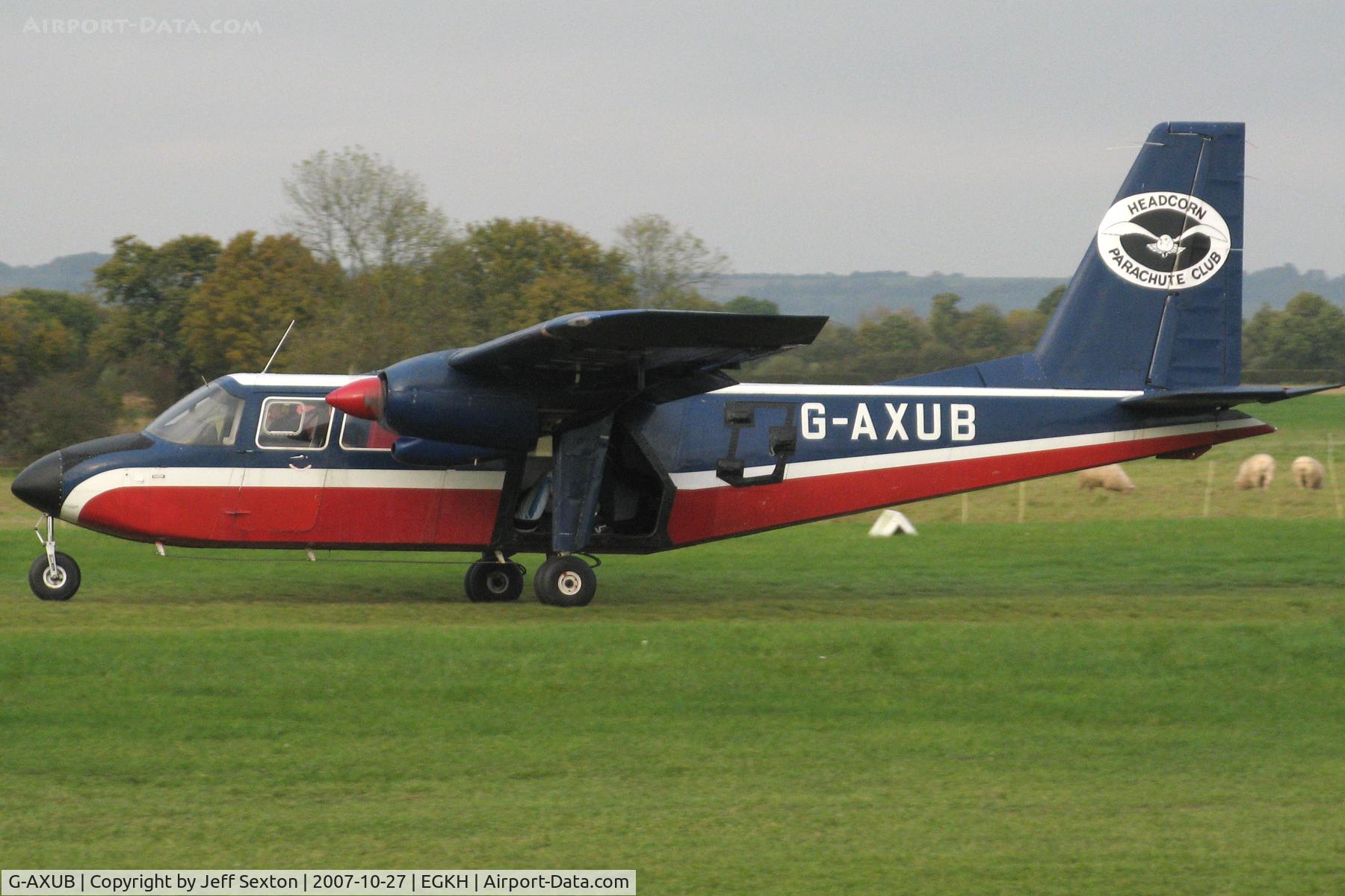 G-AXUB, 1969 Britten-Norman BN-2A Islander C/N 121, Taking-off to drop parachutists.