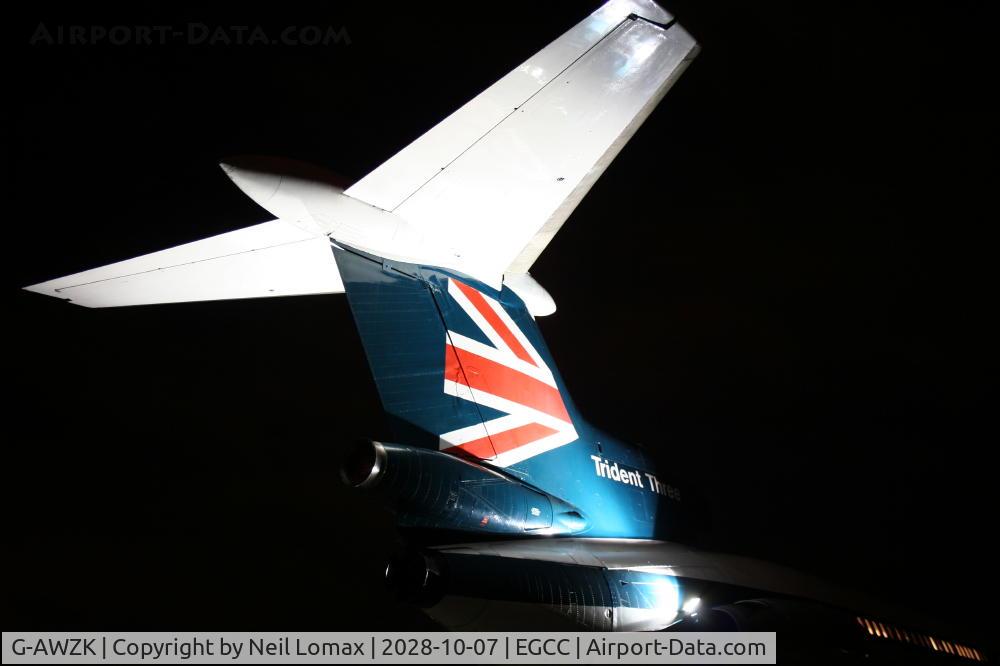 G-AWZK, 1971 Hawker Siddeley HS-121 Trident 3B-101 C/N 2312, Shot of the fin lit up.