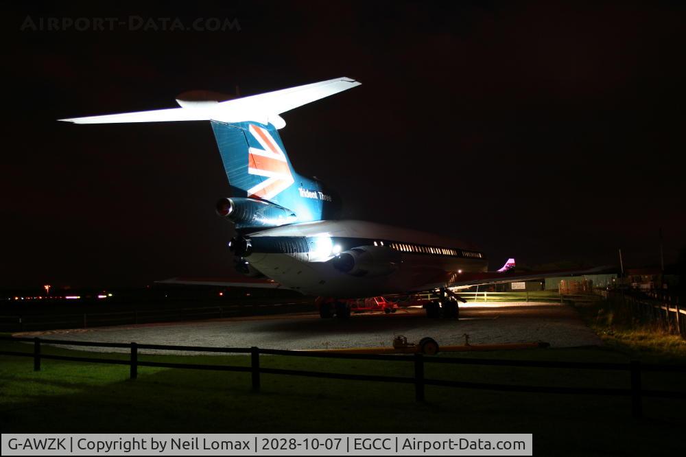 G-AWZK, 1971 Hawker Siddeley HS-121 Trident 3B-101 C/N 2312, Shot of the fin fuselage with all lighting on.