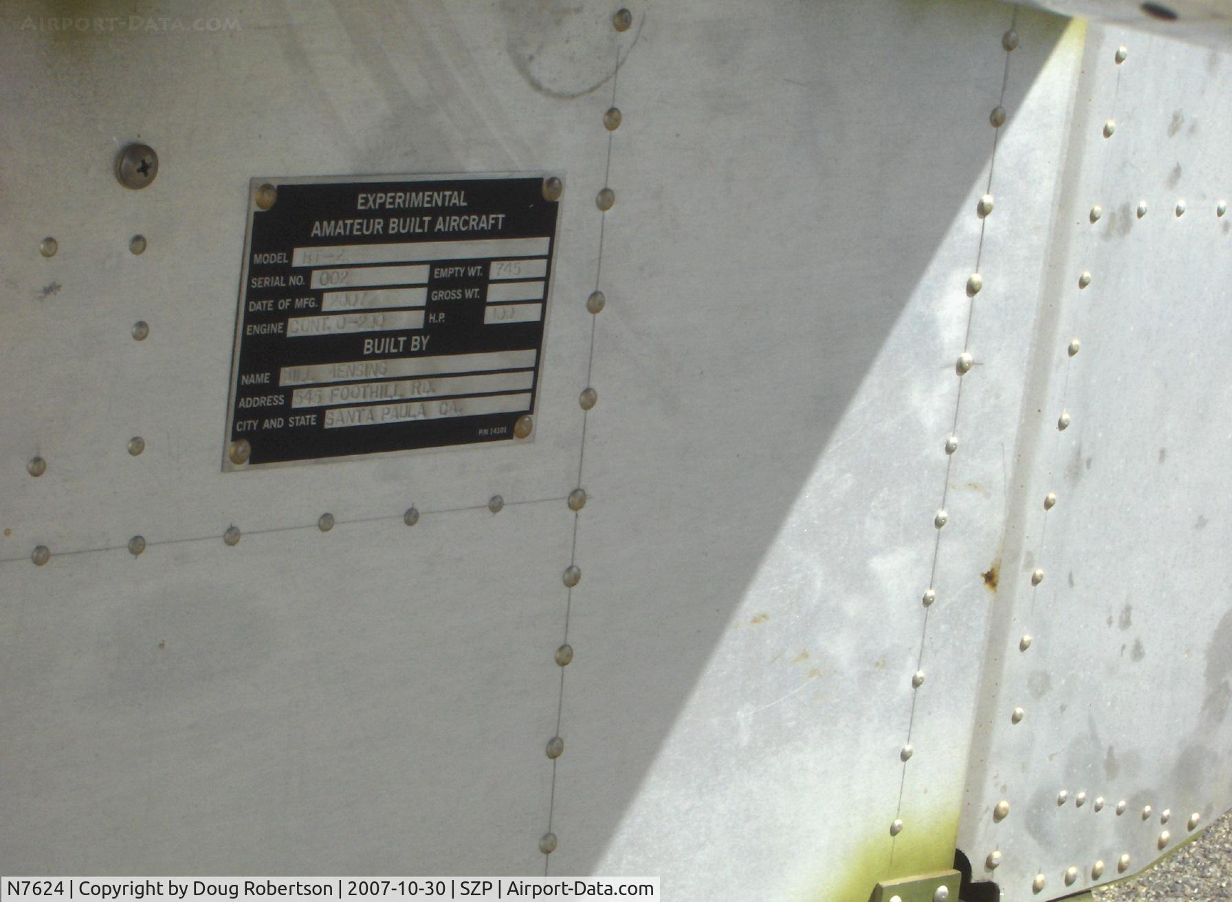 N7624, 2007 Mensing Wm H BT2 C/N 2, 2007 Mensing BT2, Continental O-200 100 Hp, Experimental aircraft data plate