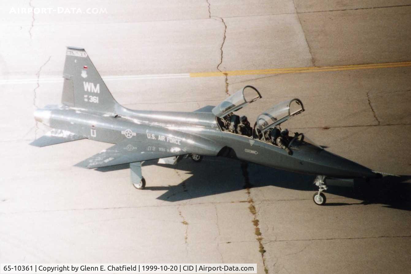 65-10361, 1965 Northrop T-38A-60-NO Talon C/N N.5780, Shot from the control tower; a lens problem caused the darkened side of the photo