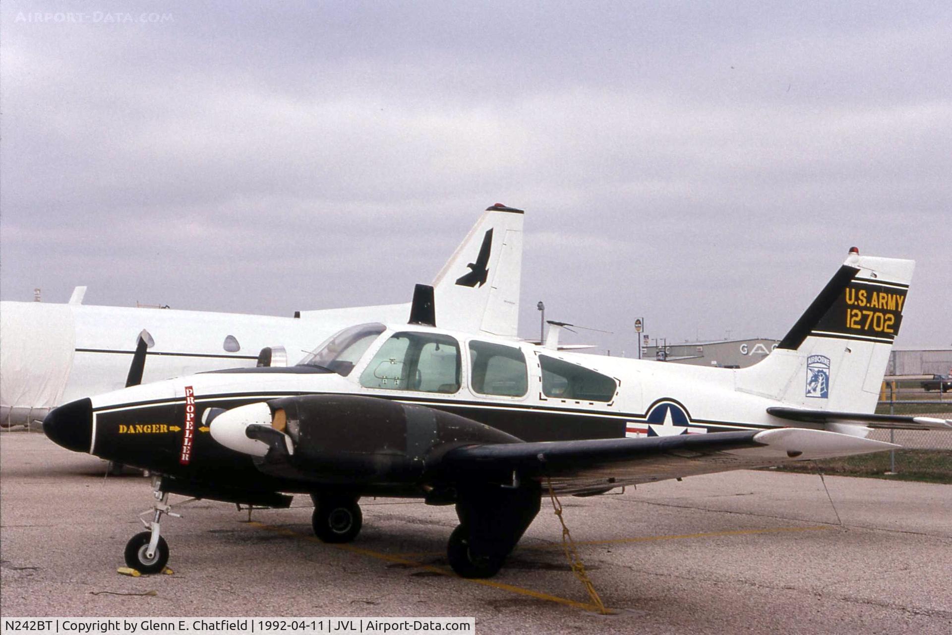 N242BT, Beech T42 C/N TF-24, T-42A 65-12702 on the mechanic school ramp.  Tail insignia is 18th Airborne Corps at Ft. Bragg, which is probably where it last served.