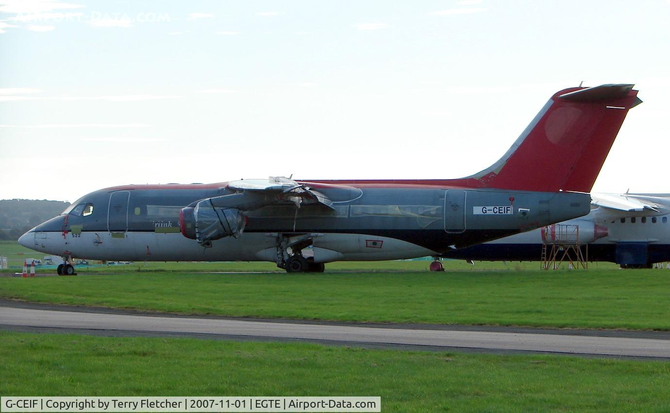 G-CEIF, 1999 BAE Systems Avro 146-RJ85 C/N E.2347, This Avro 146 used to operate for Northwest as N522XJ - now sat at Exeter UK awaiting its further fate