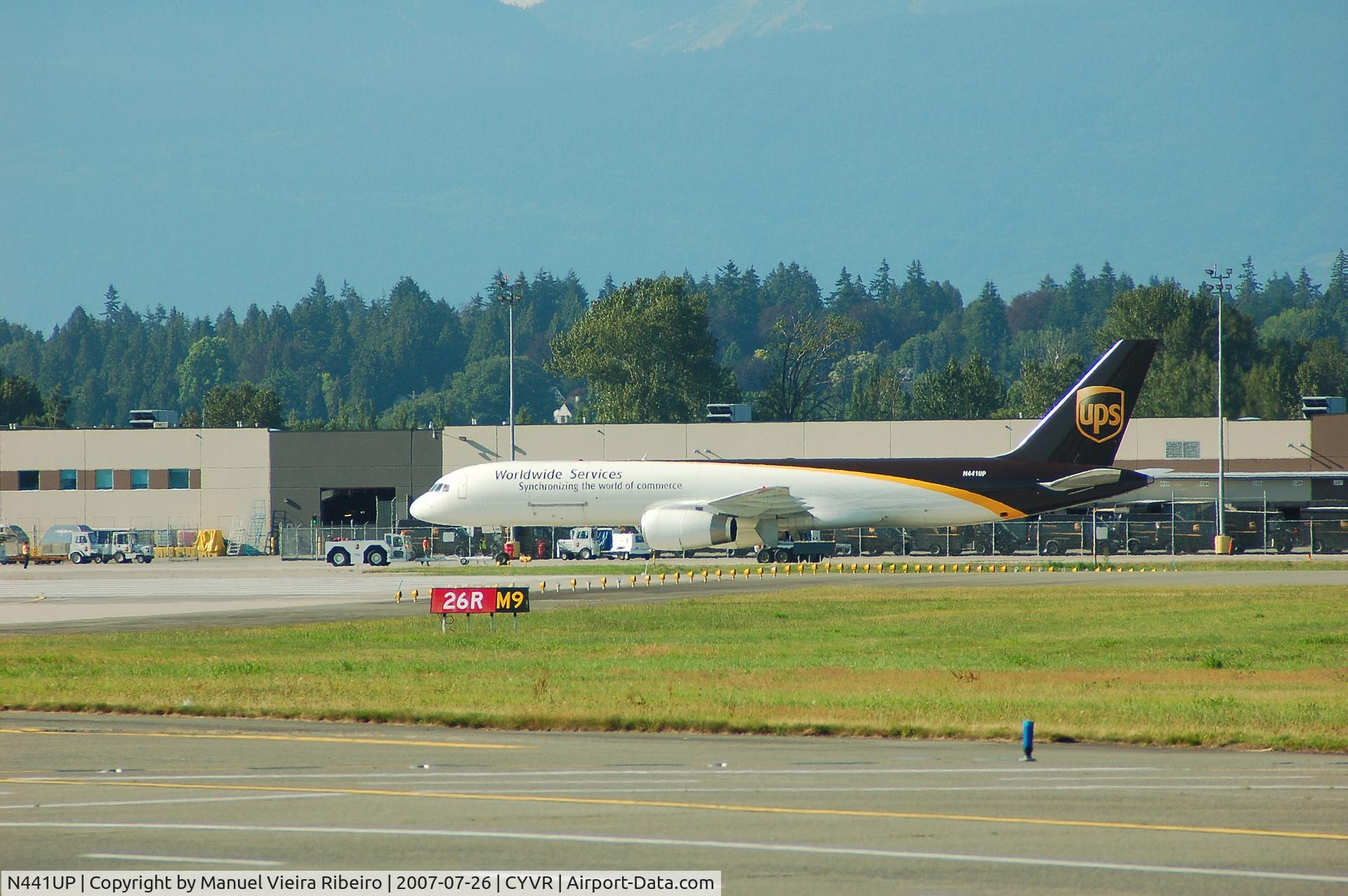 N441UP, 1994 Boeing 757-24APF C/N 27386, push backfrom UPS cargo terminal YVR