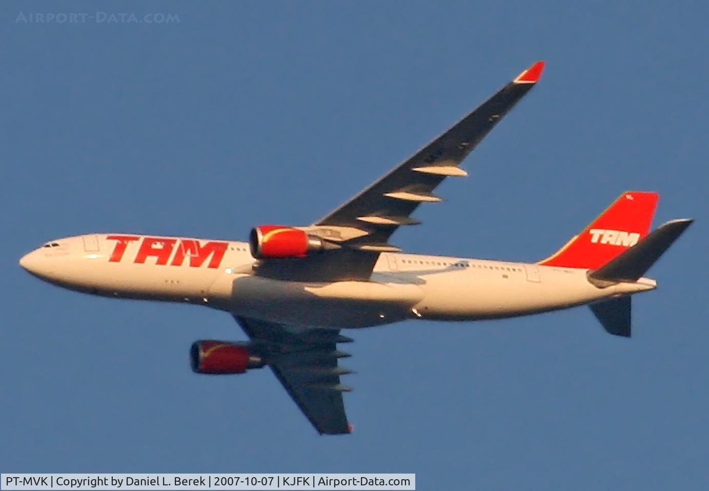 PT-MVK, 2002 Airbus A330-203 C/N 486, The Magic Red Carpet, Victor Kilo, glides in on finals to JFK on a late summer evening.
