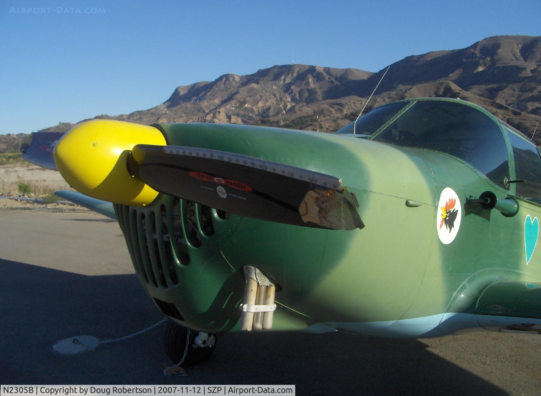 N2305B, 1948 Temco GC-1B Swift C/N 3605, 1948 TEMCO GC-1B SWIFT in WWII German camouflage livery, Continental C-125 125 Hp, left gear collapse on taxi turn from landing Rwy 22 with laminated wood prop strike under power
