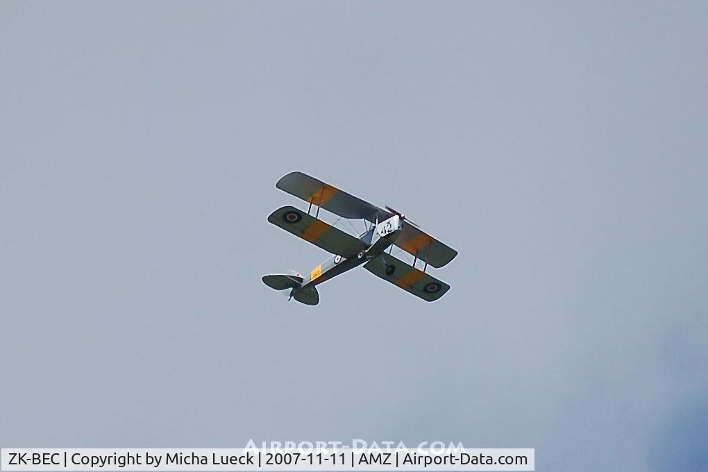 ZK-BEC, De Havilland DH-82A Tiger Moth II C/N 83626, Flying overhead Ardmore Aerodrome
