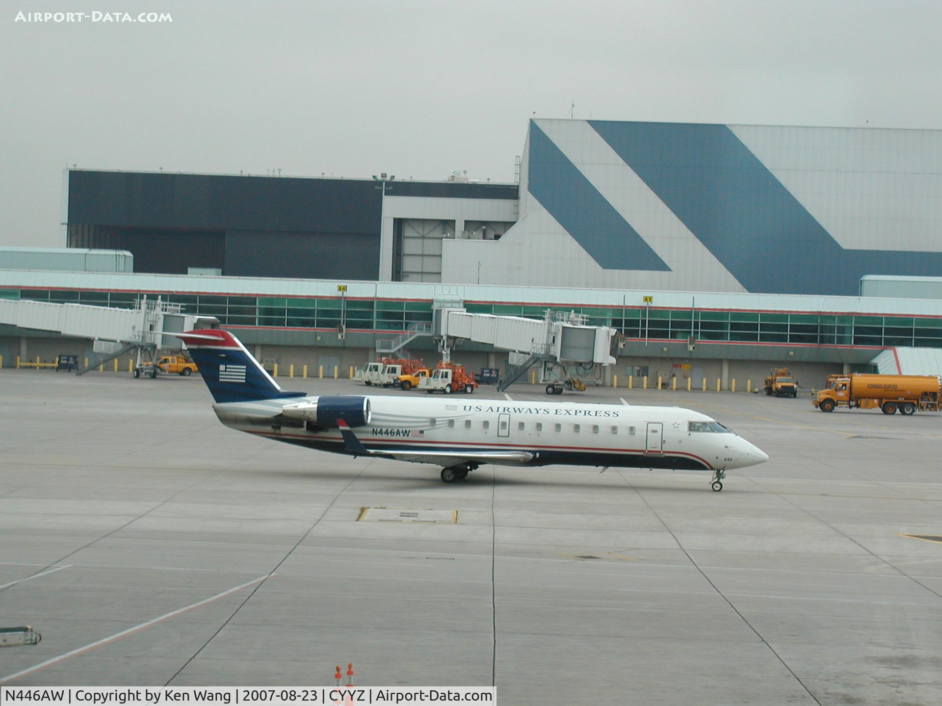 N446AW, 2003 Canadair CRJ-200LR (CL-600-2B19) C/N 7806, US Airways Bombardier Cl600 just arrived at Toronto Pearson Airport