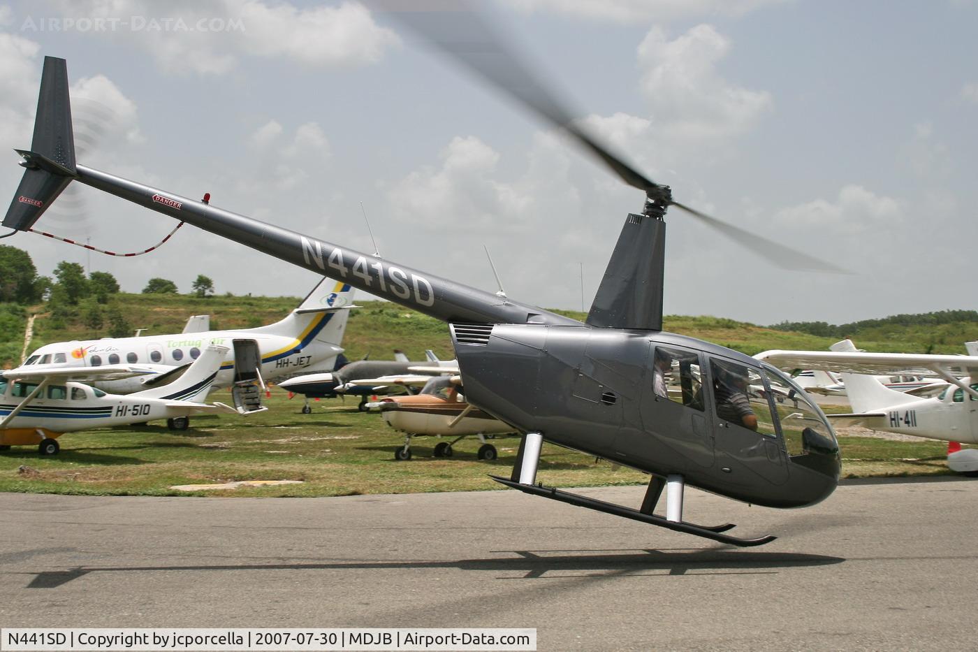 N441SD, 2006 Robinson R44 II C/N 11302, Hangar takeoff at Joaquin Balalguer International(Higuero)
