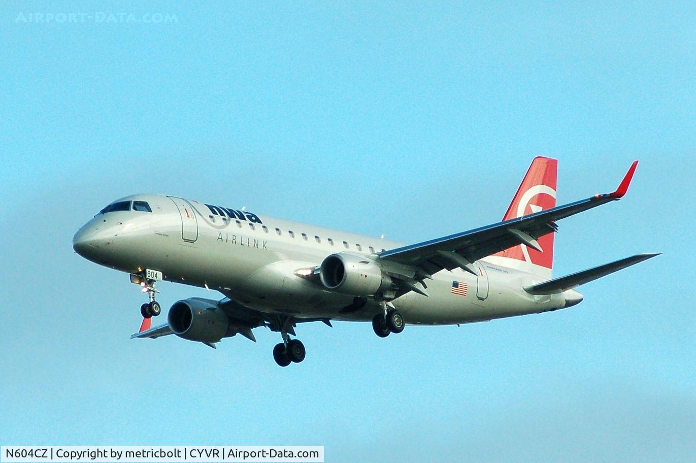 N604CZ, 2007 Embraer 175LR (ERJ-170-200LR) C/N 17000181, Operated by Compass Airlines for NWA Airlink,MSP to YVR.Nov.2007,YVR