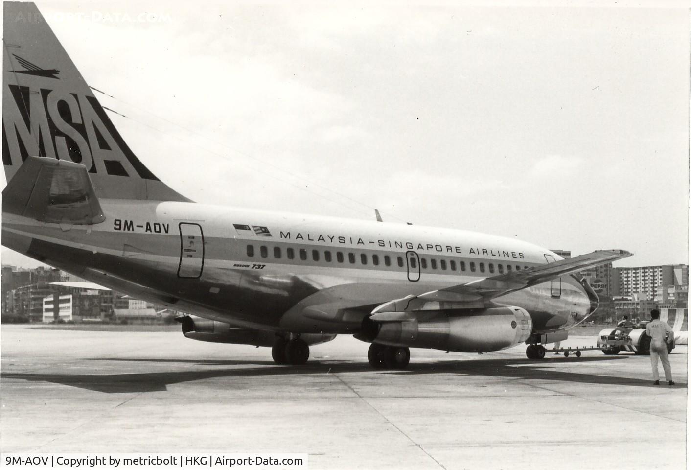 9M-AOV, 1969 Boeing 737-112 C/N 19770, at the old HKG Kai Tak airport,Oct.69.Aircraft tranferred to Singapore Airlines in 1972 as 9V-BFE